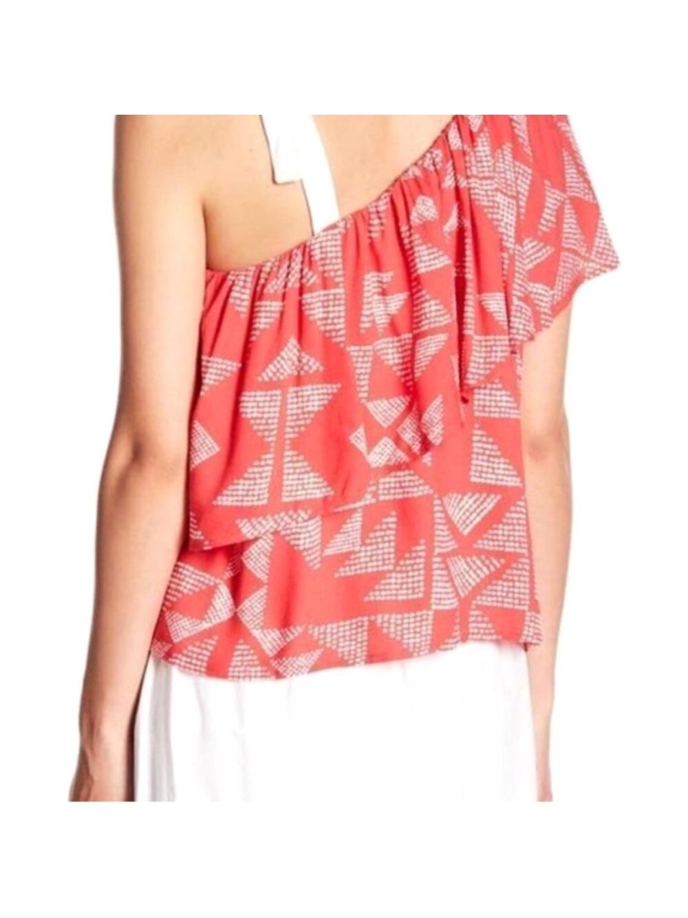 NWT Splendid Red Coral White Geometric One Shoulder Ruffle Top XS Extra Small - Picture 2 of 13